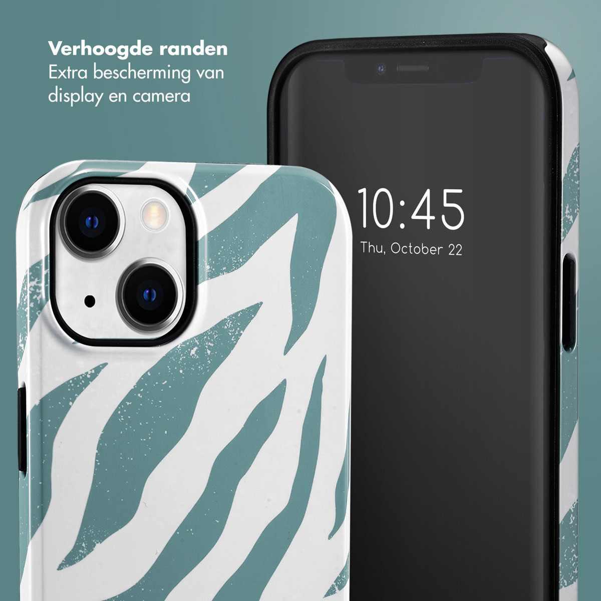 Telefoon met zebra gestreept hoesje en een zwarte telefoon met tijdweergave.