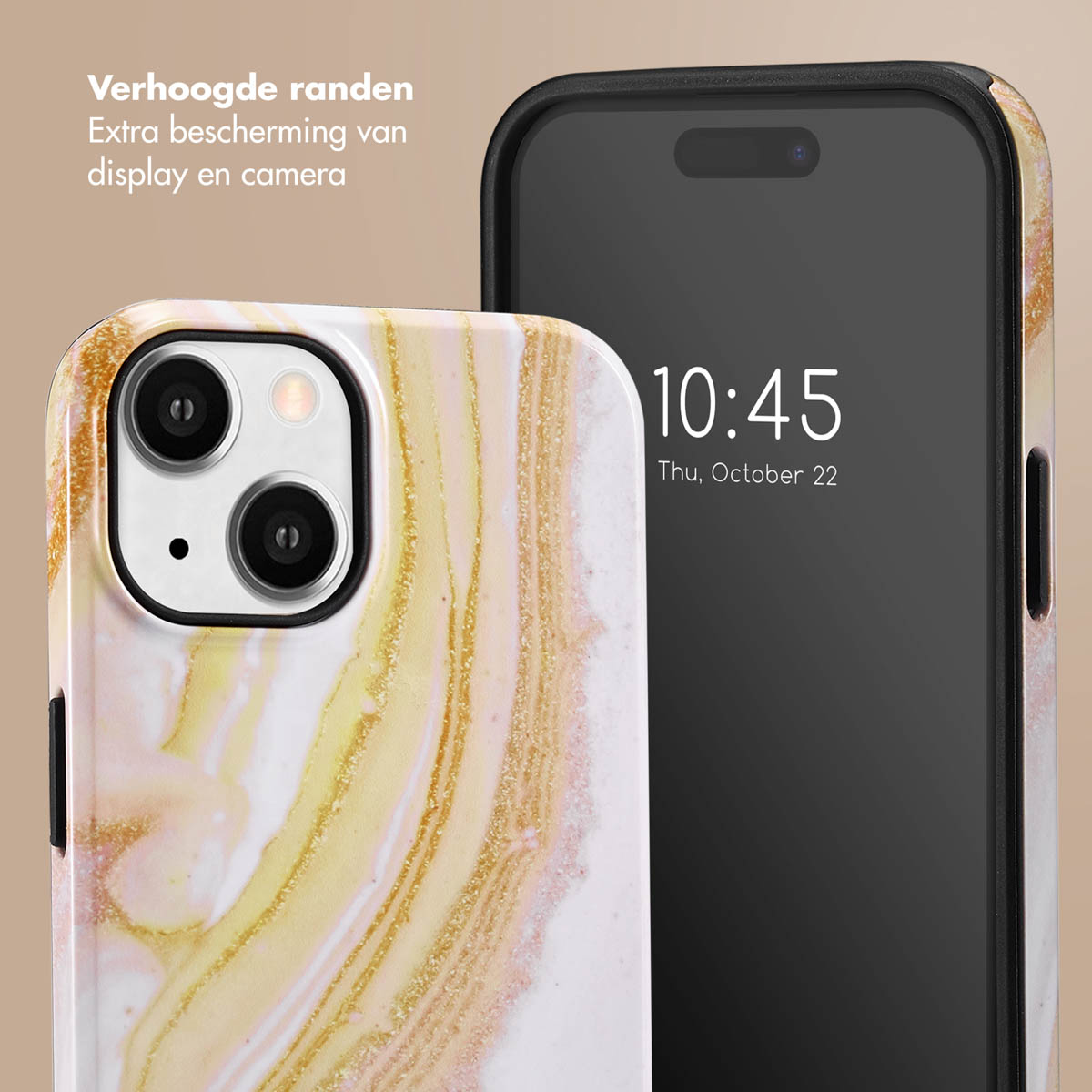 Téléphone avec coque design marbre. L'heure est 10h45, 22 octobre. Bords surélevés. Fond design marbre.