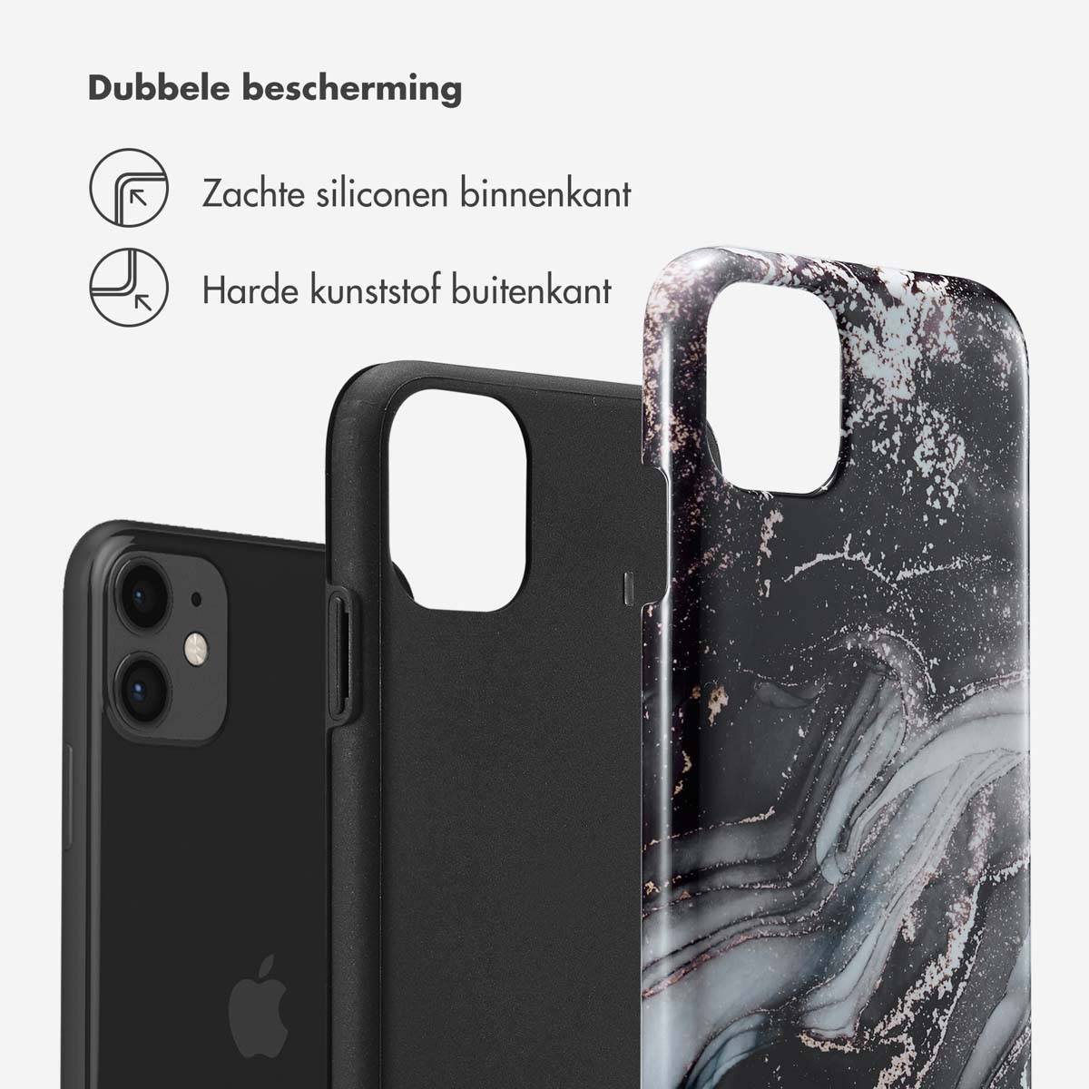Telefoonhoesje met zwart-wit marmerdesign. Een zwarte telefoon met zwarte rand staat rechts.