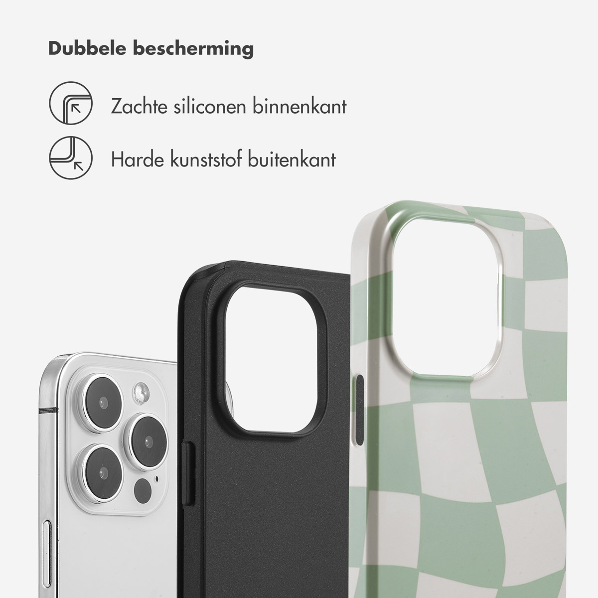 Coque de téléphone à motif à carreaux et téléphone. Les parties de la coque sont noires et transparentes.