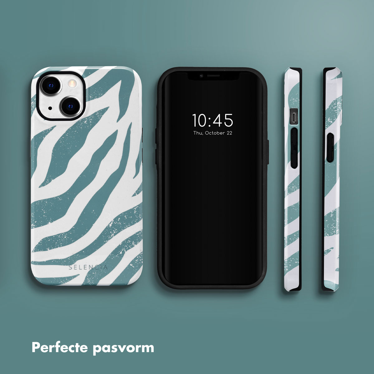 Telefoon met zebra print hoesje. De tijd is 10:45, 22 oktober. Drie hoesjes getoond. Hoesje heeft Selencia branding.
