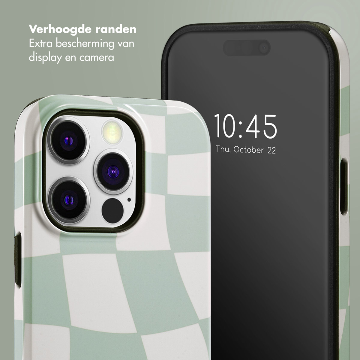 Téléphone avec un étui à carreaux verts et blancs. Un téléphone noir est derrière. Le fond est gris.