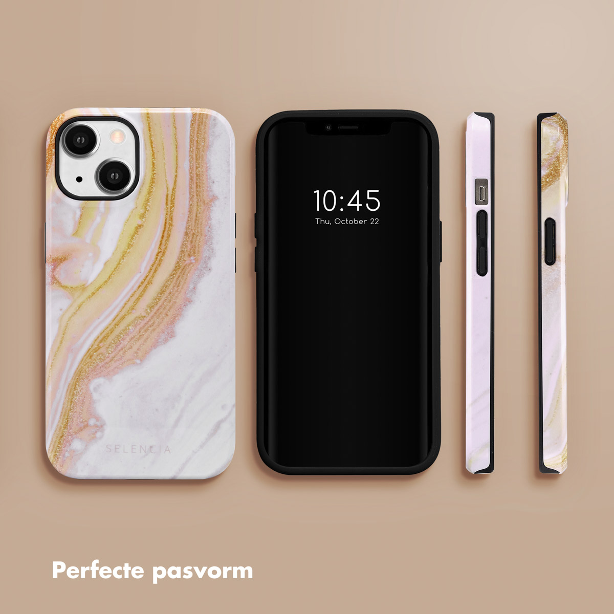 Téléphone avec coque en marbre. Le téléphone de droite affiche l'heure et la date.