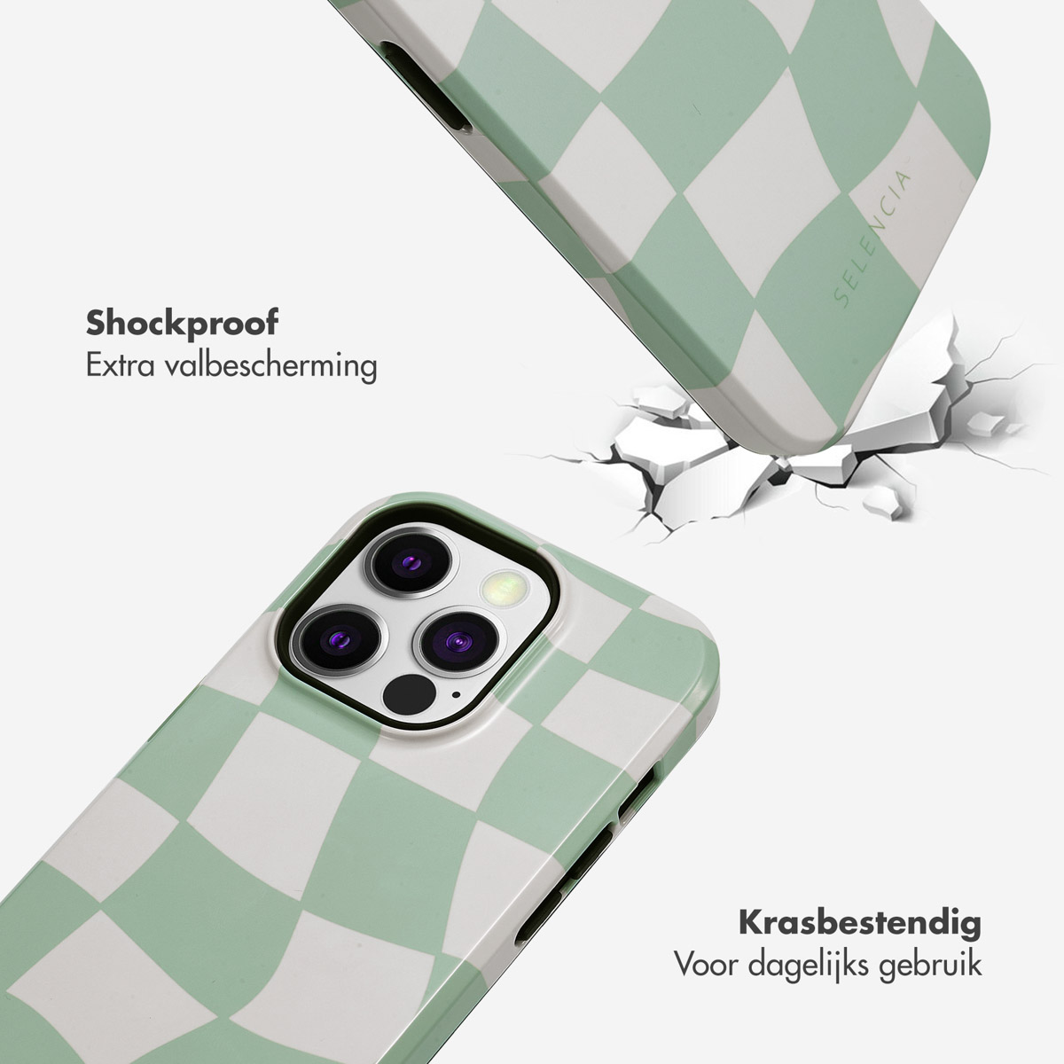 Coque de téléphone avec un motif à carreaux verts et blancs, fissurant une surface. Le texte dit : antichoc, résistant aux rayures et usage quotidien.
