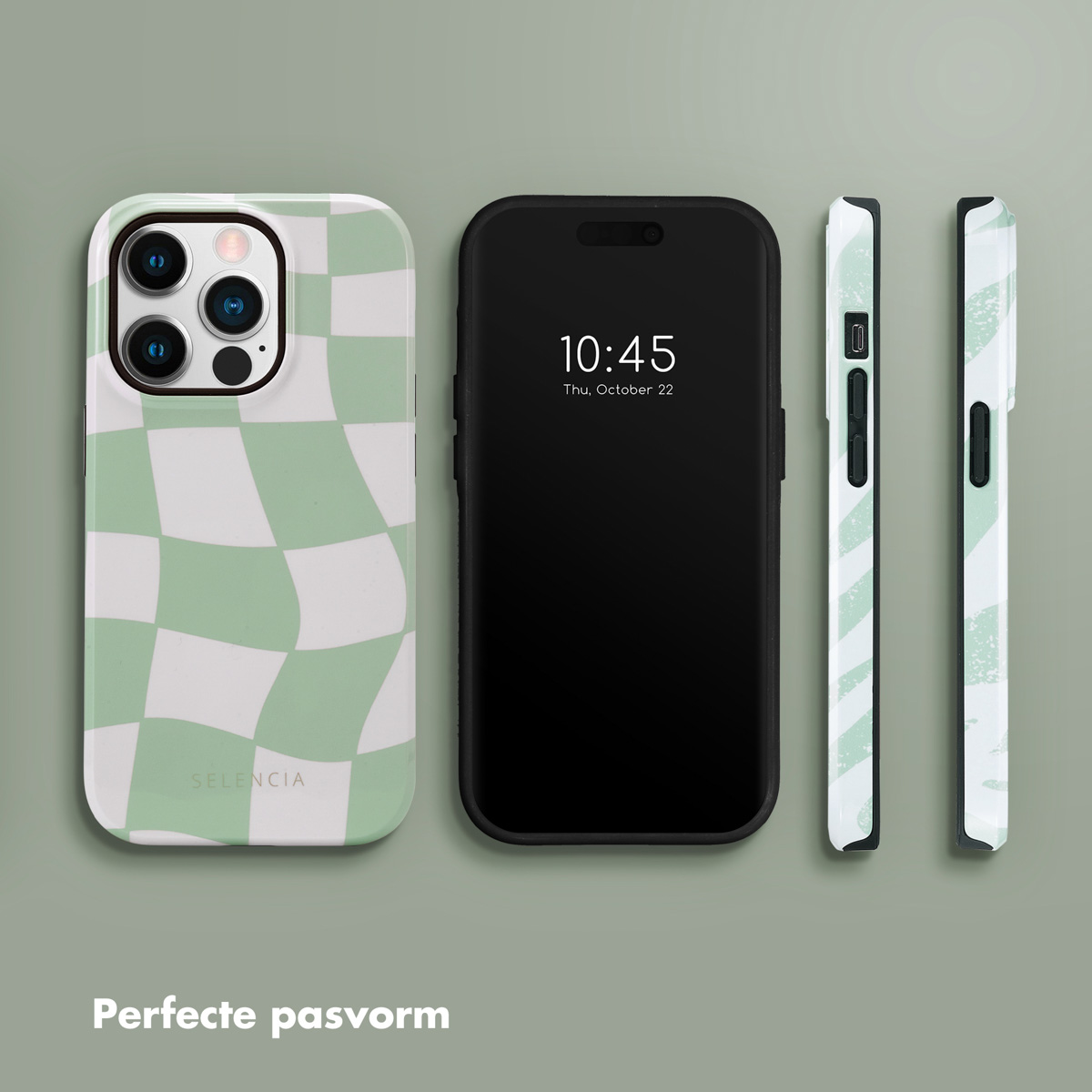 Coque de téléphone avec motif à carreaux vert et blanc, téléphone avec heure 10h45, deux profils.