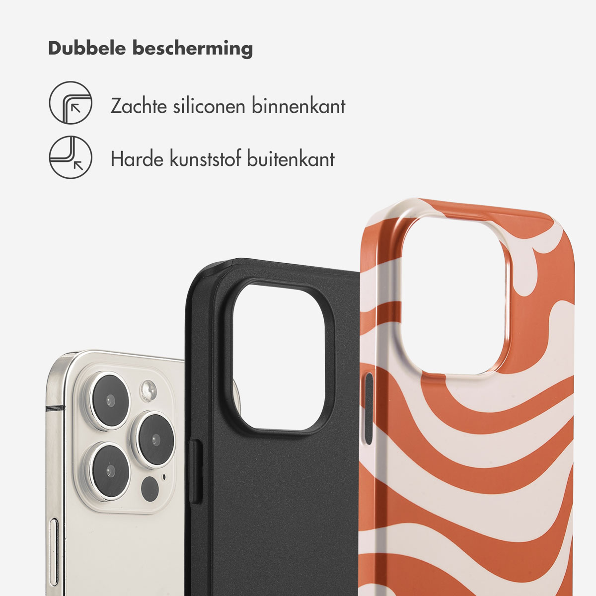 Coque de téléphone avec motif tourbillon orange et blanc, téléphone et coque noire. Texte : Double protection.