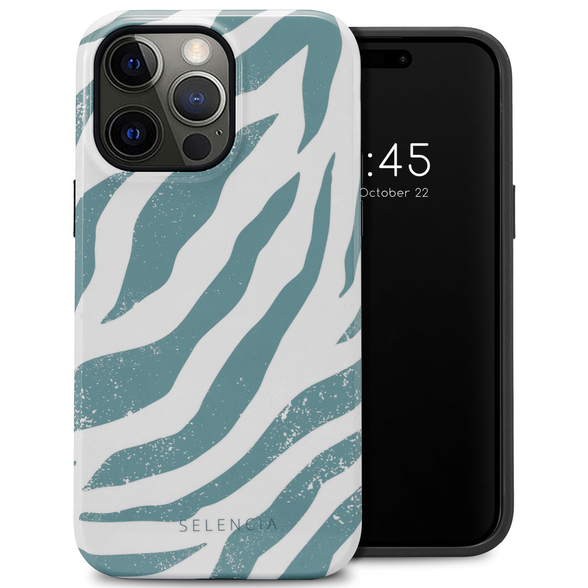 Blauwe zebra telefoonhoes, zwarte telefoon met tijd en witte achtergrond.