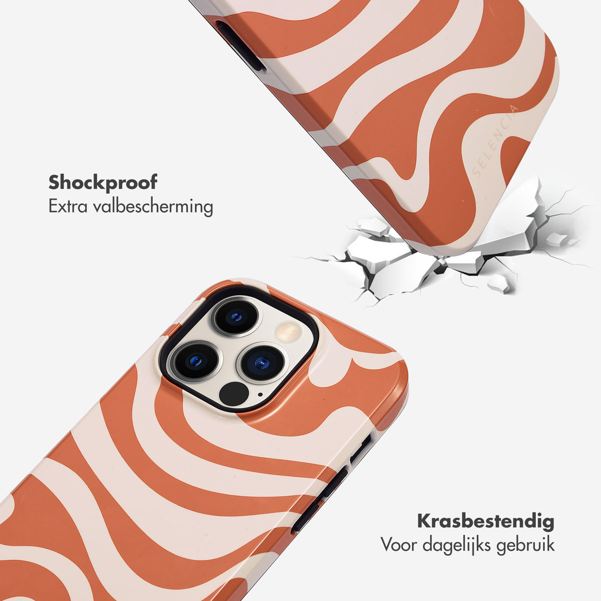 Étuis de téléphone tombant avec un design tourbillon orange et blanc, sol fissuré. Texte: Antichoc.