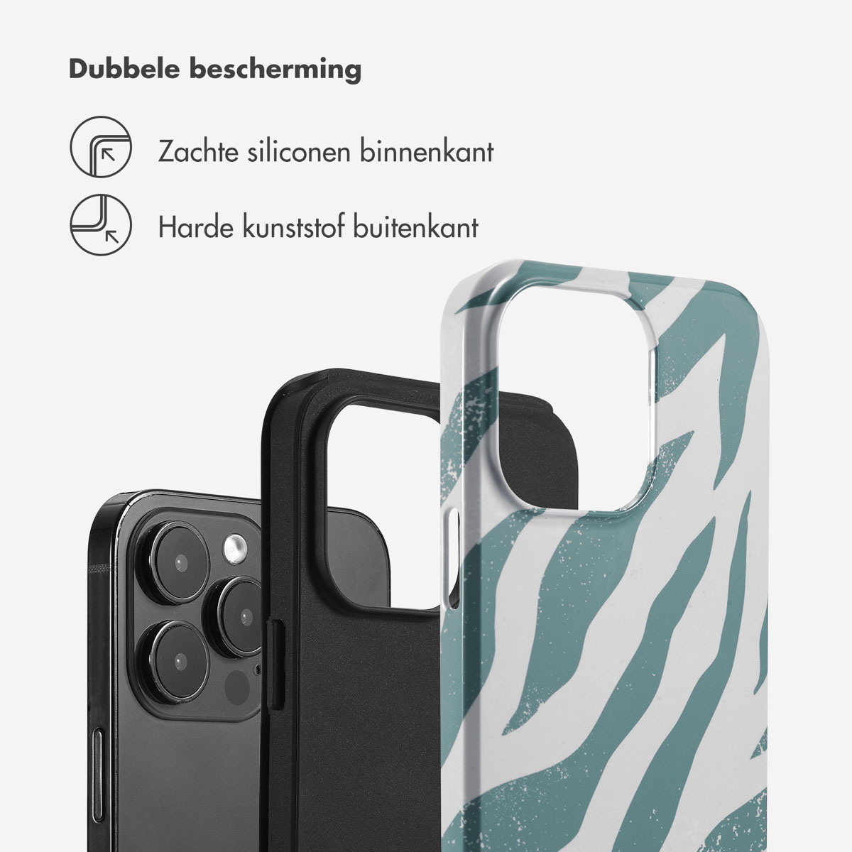 Telefoonhoes met groen-witte zebra strepen, en een zwarte telefoon met een zwarte hoes.