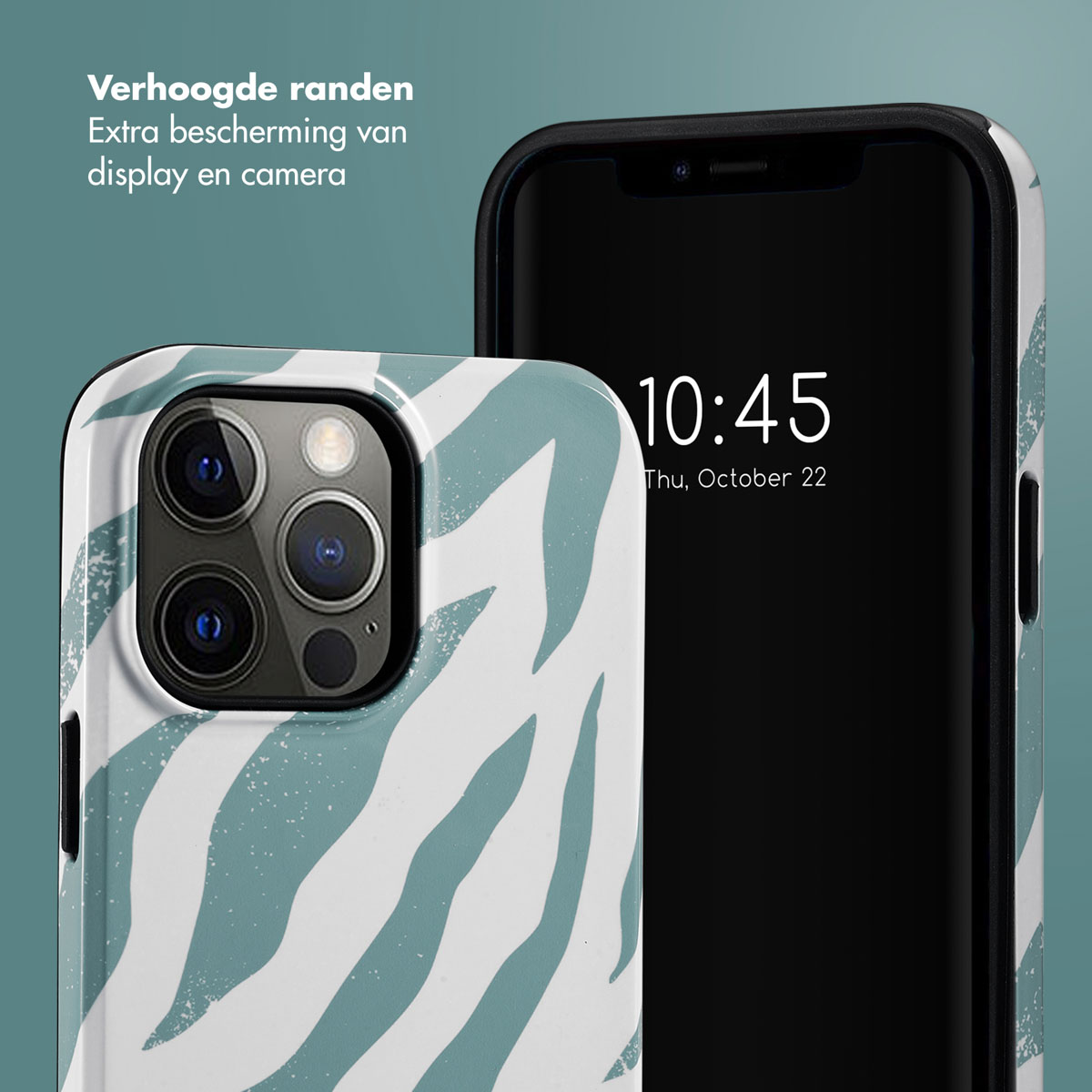 Witte telefoonhoes met blauwe zebraprint, zwarte telefoon. Verhoogde randen voor scherm en camera.