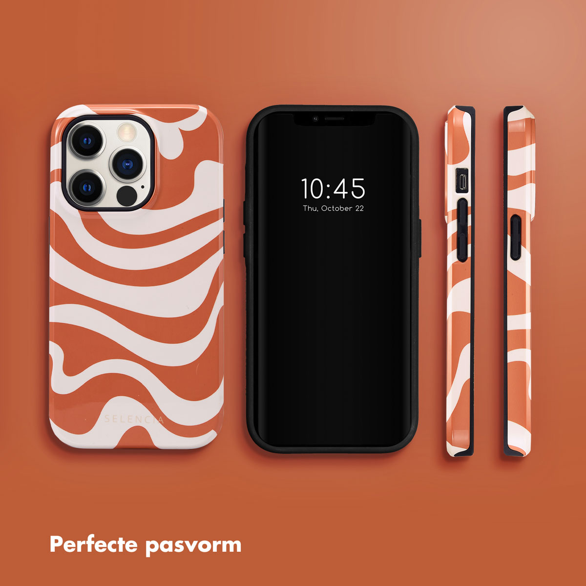 Trois coques de téléphone à motif vagues orange et blanc, et un téléphone à écran noir.