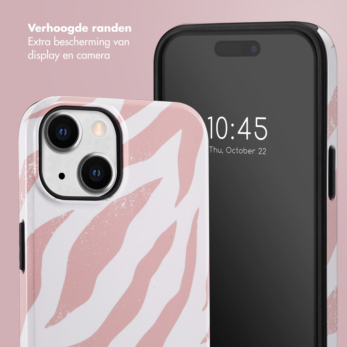 Telefon mit rosa Zebra-Hülle und Telefon mit Uhrzeit.