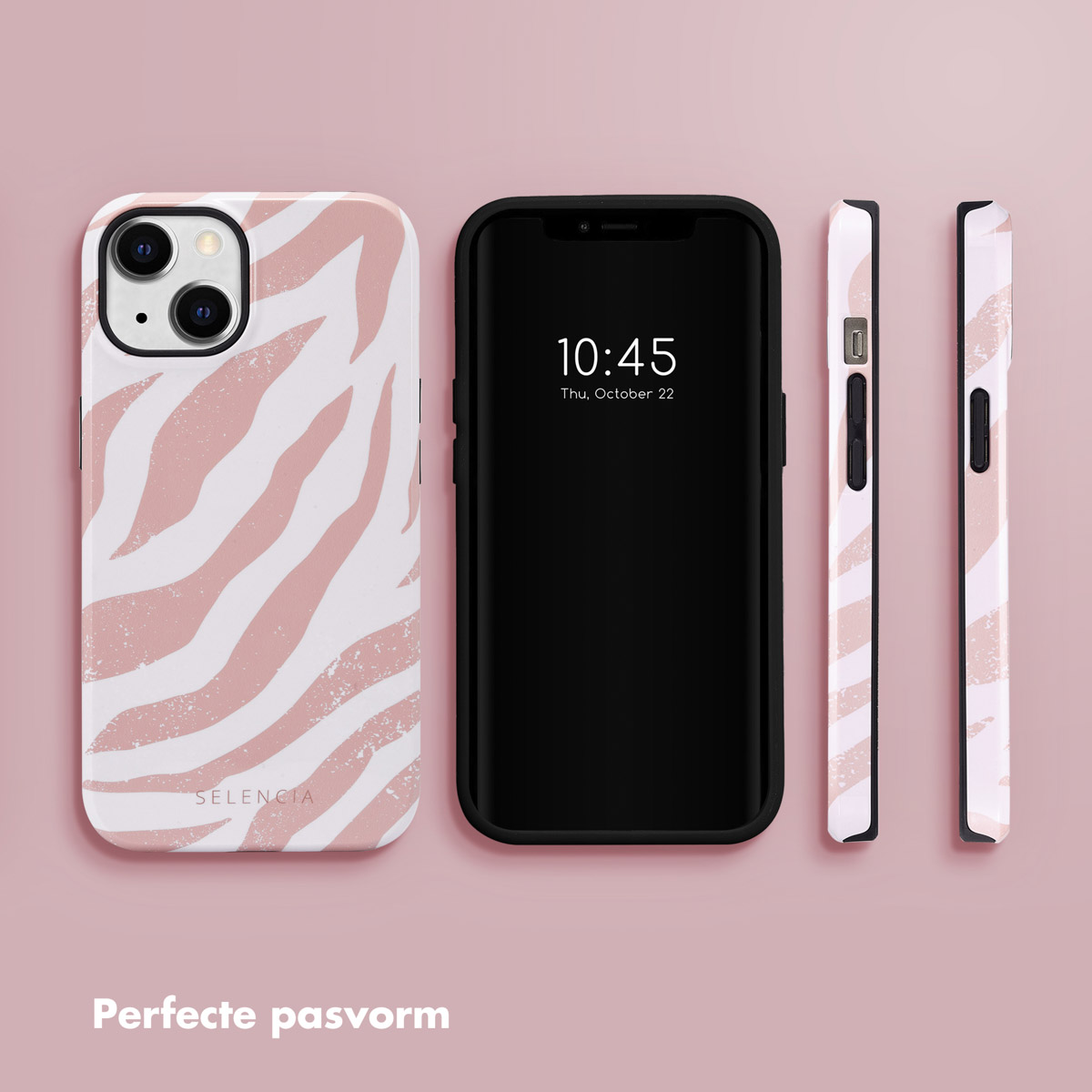 Handyhülle mit rosa Zebrastreifen. Telefon mit schwarzem Bildschirm. Zwei Seitenansichten der Handyhülle.