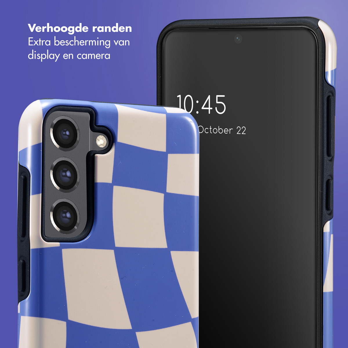 Coque à carreaux bleus et blancs et téléphone noir. Heure : 10h45. Date : Jeu. 22 octobre.