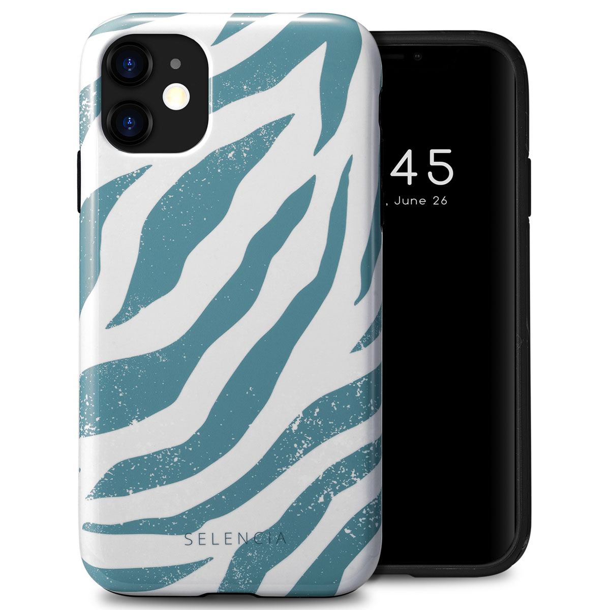 Witte telefoonhoes met blauwe zebra strepen, telefoon met zwart scherm, het woord SELENCIA en het logo.