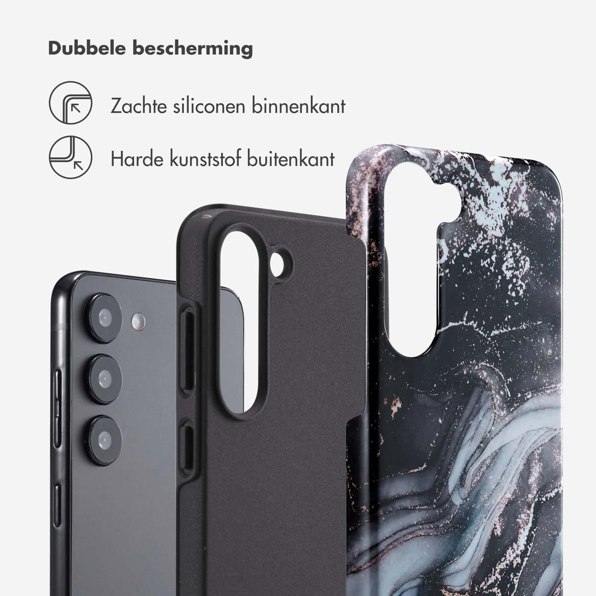 Coque de téléphone en marbre, téléphone noir et étui noir sur fond blanc.
