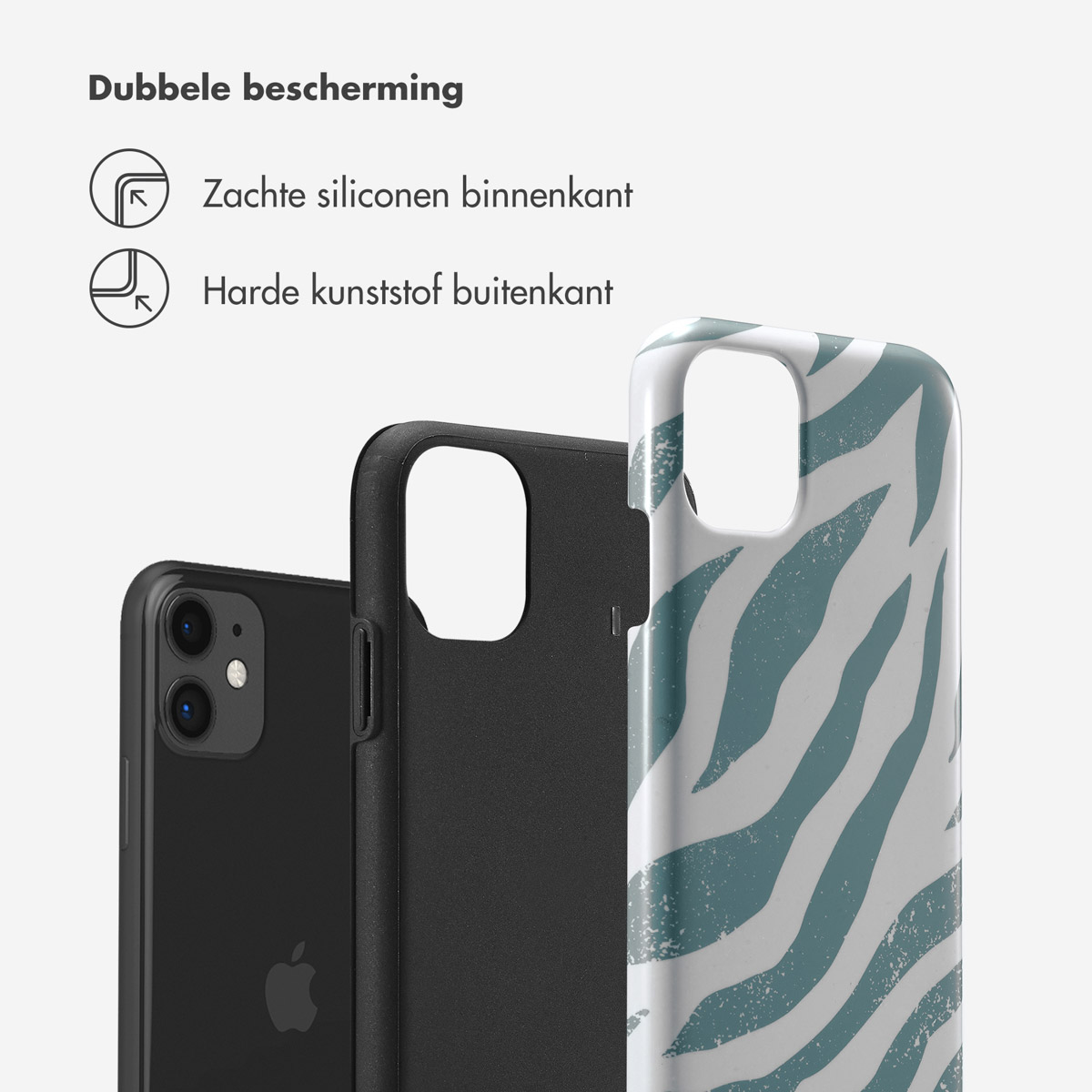 Telefoonhoesje met zebrapatroon en telefoon. Case-onderdelen zijn zwart en transparant.