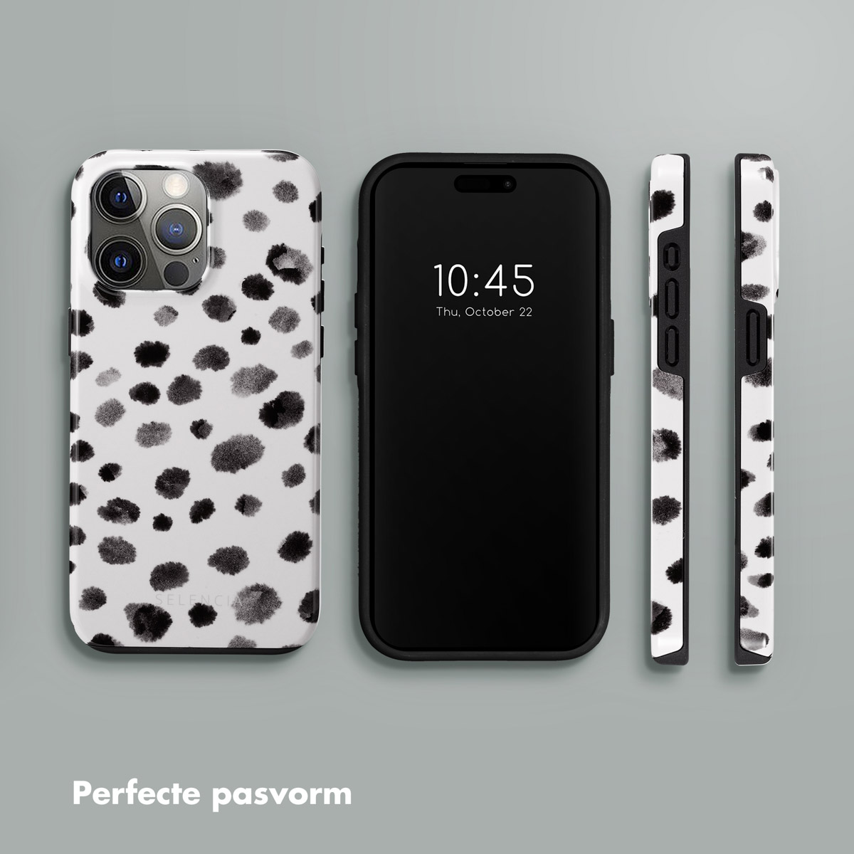 Téléphone avec coque noire et écran affichant l'heure. Coques blanches avec points noirs. Texte : Ajustement parfait.