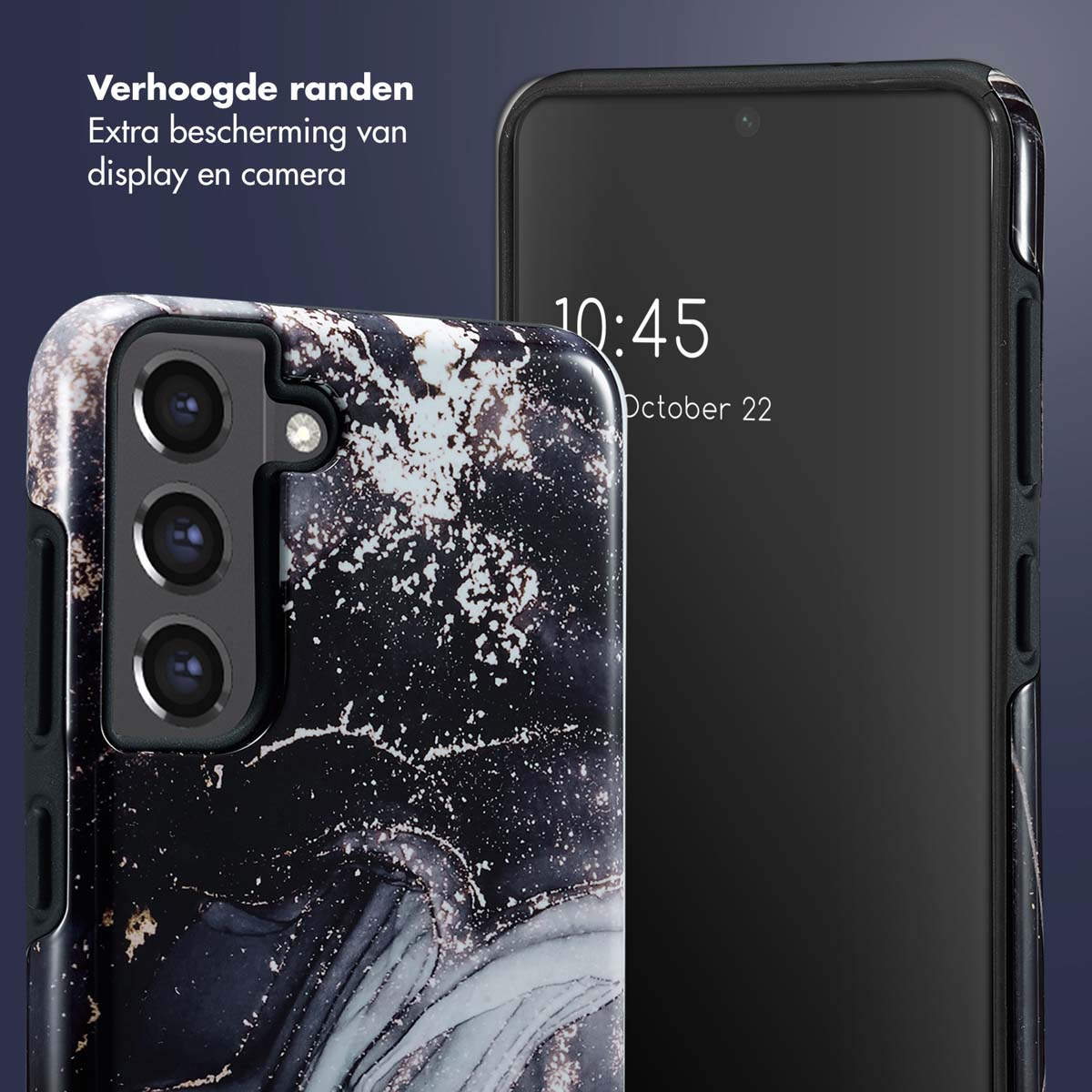 Telefono con custodia in marmo nero. L'ora è 10:45, 22 ottobre. Bordi rialzati per schermo e fotocamera.