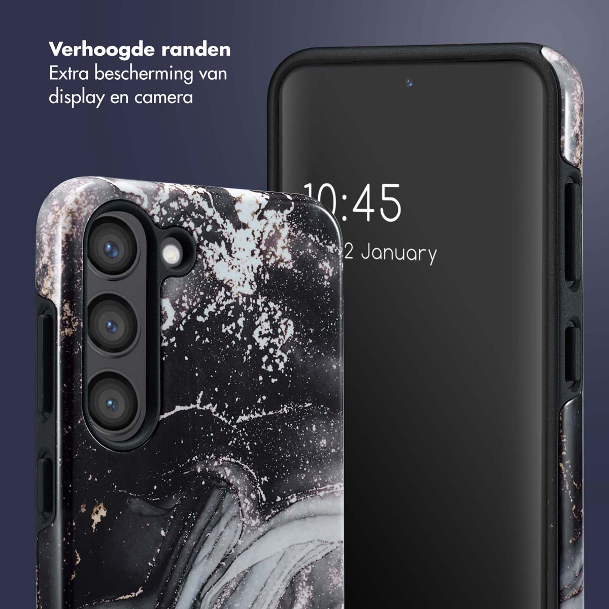 Téléphone avec un étui en marbre noir, affichant l'heure. Un téléphone noir est derrière. Le fond est gris.