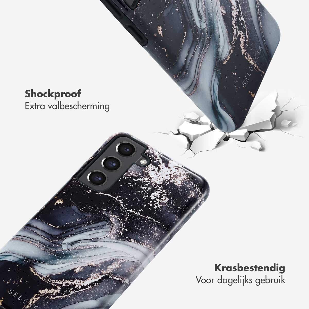 Custodia per telefono con design in marmo nero che cade e rompe una superficie. Un'altra custodia vicina.