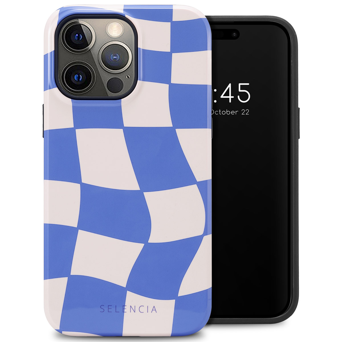 Blauw en wit geruite telefoonhoes, zwarte telefoon met tijd en witte achtergrond.