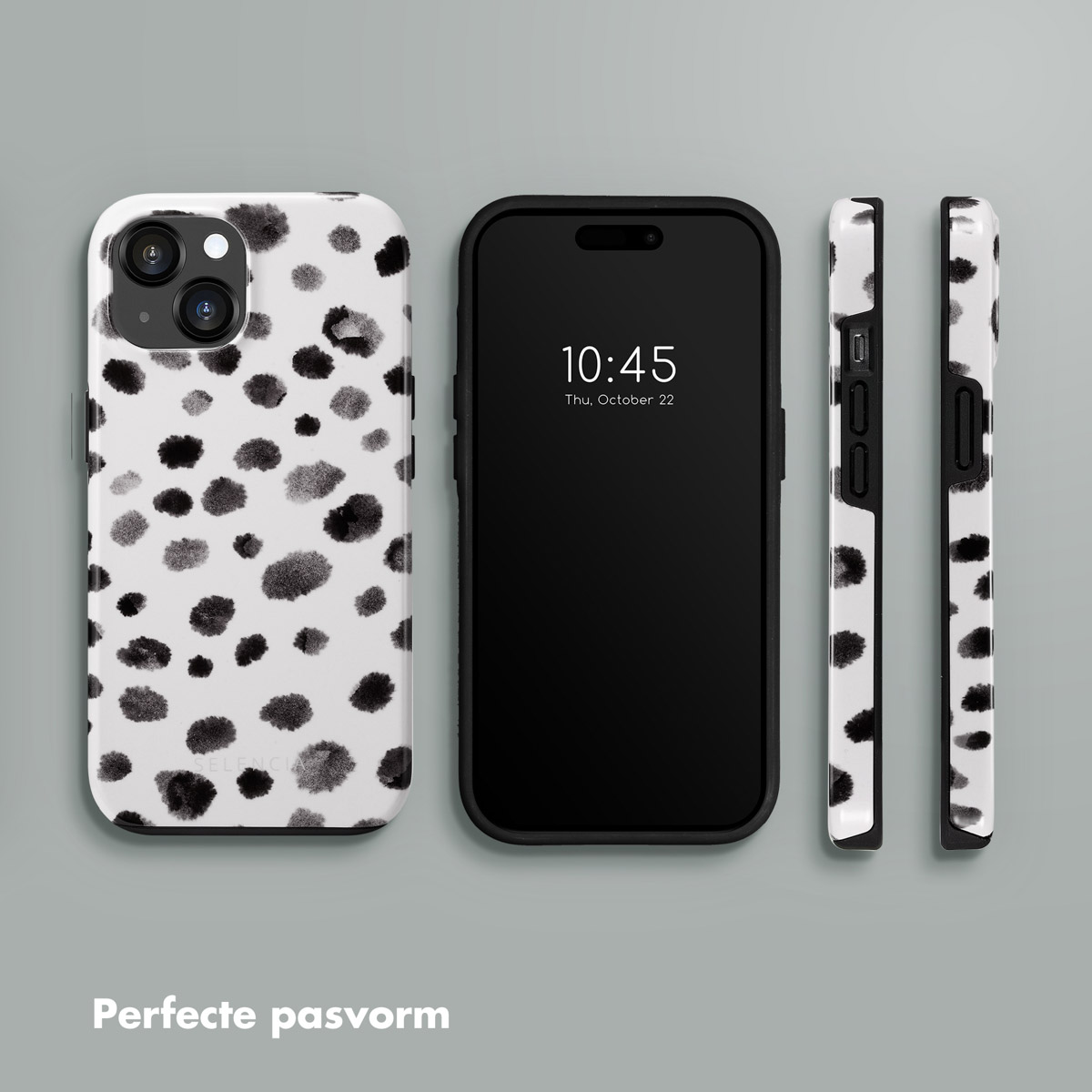 Téléphone et étuis avec des taches de dalmatien noir et blanc. Le téléphone affiche 10h45, jeudi 22 octobre.
