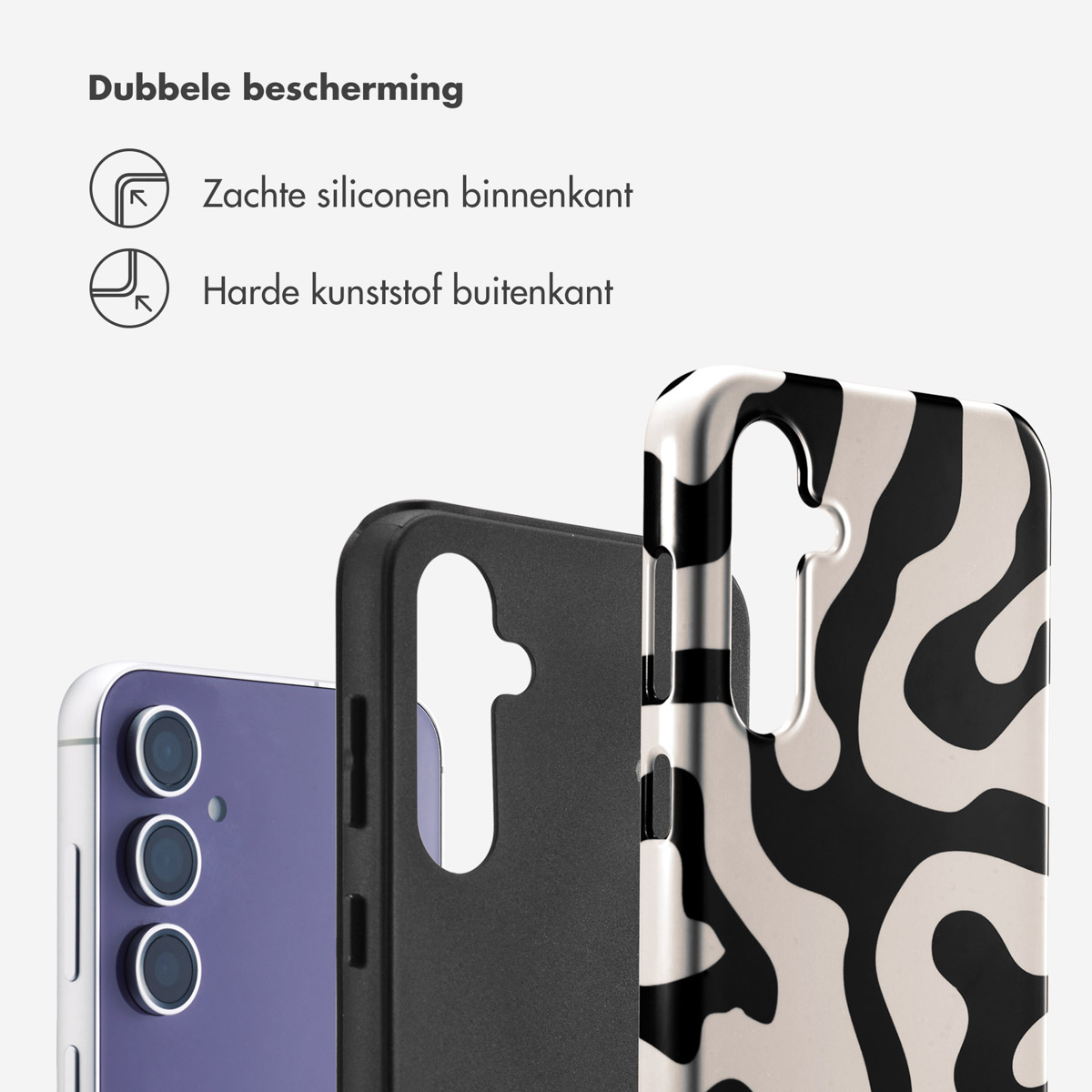 Téléphone et étui. L'étui est de conception abstraite en noir et blanc. Le texte dit, silicone souple à l'intérieur, plastique dur à l'extérieur.