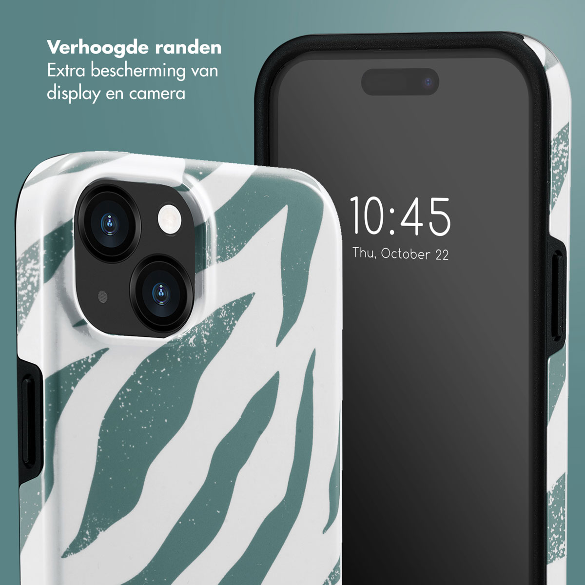 Téléphone avec étui zébré. Gros plan sur l'appareil photo et l'étui. Téléphone noir avec étui blanc.