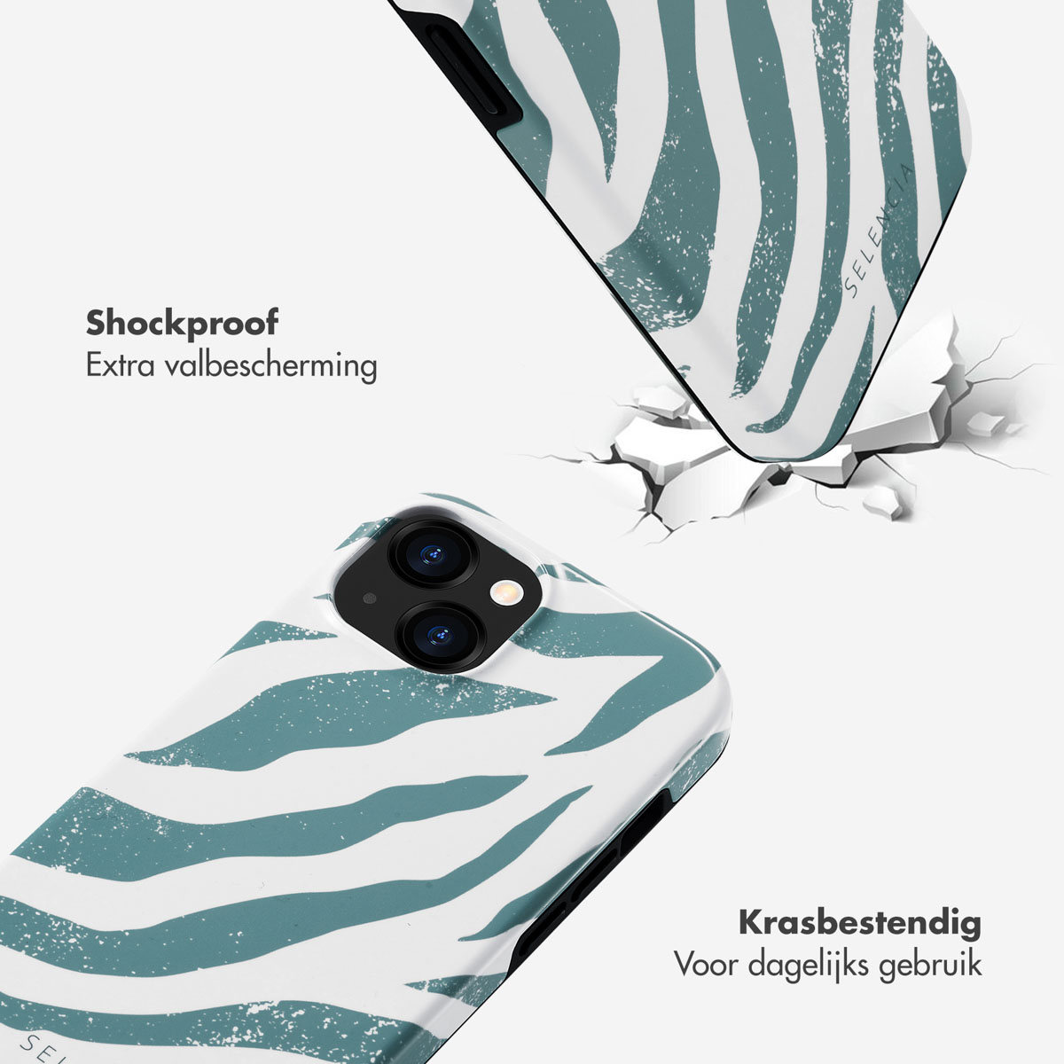 Deux coques de téléphone avec un motif zébré blanc et vert sont montrées en train de tomber. Un fond blanc avec des fissures est également montré.