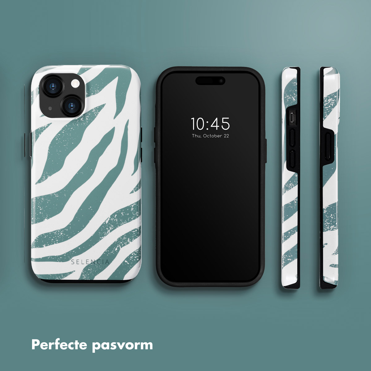 Coque de téléphone, téléphone et bords de coque. Coque blanche avec des rayures zébrées bleues, le téléphone affiche l'heure.