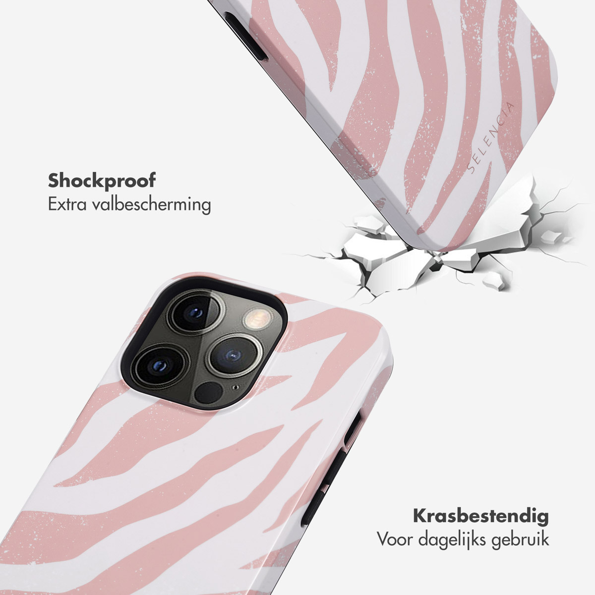 Telefoonhoesje met roze zebrapatroon. De hoes valt en breekt de grond.