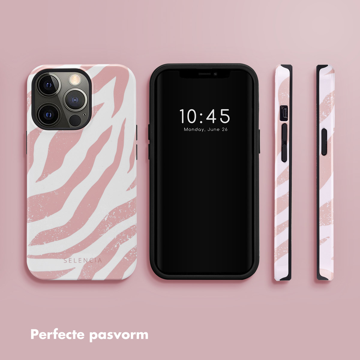 Telefoon met roze en witte zebraprint hoesje. Een zwarte telefoon met zwarte rand staat rechts.