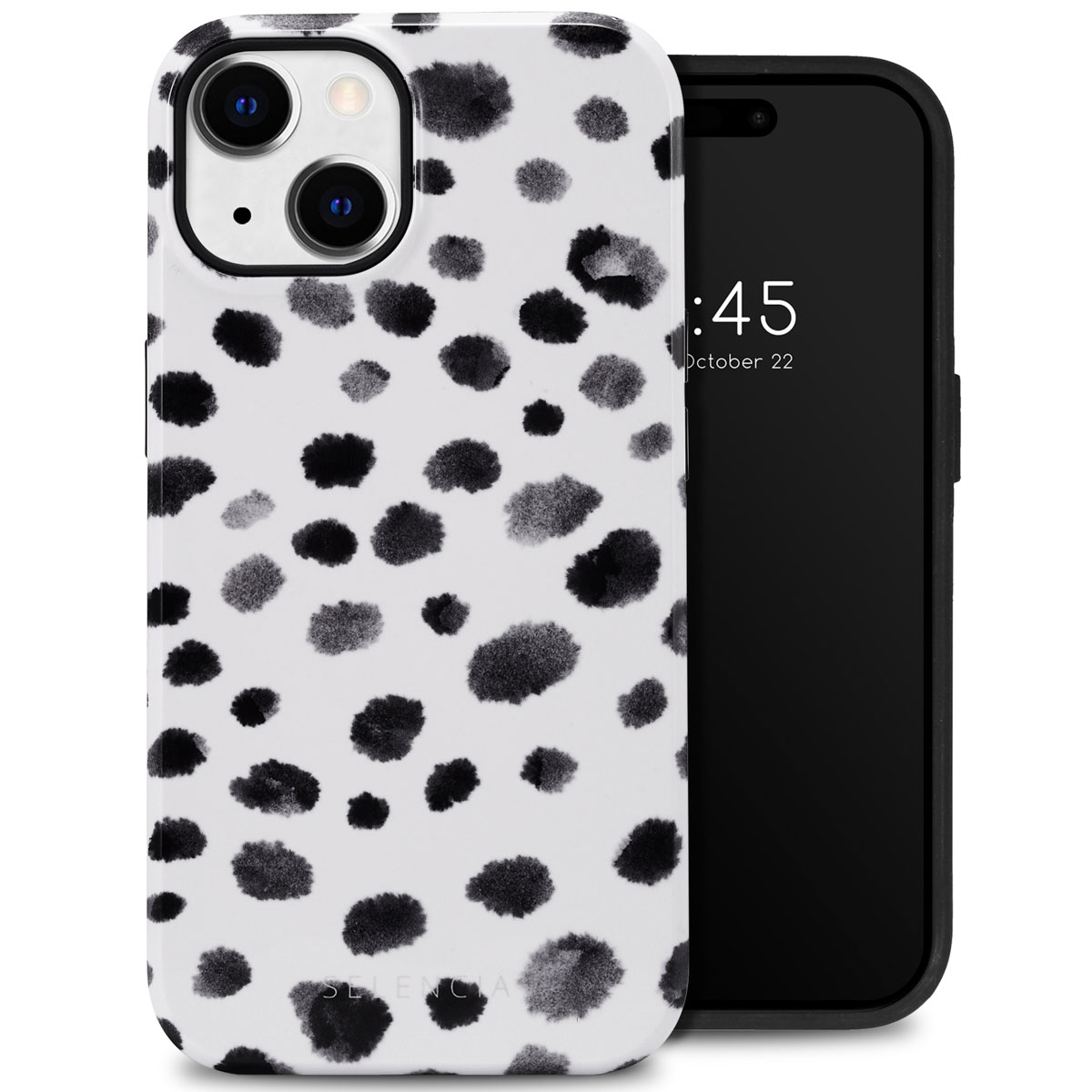 Téléphone avec une coque blanche à pois noirs à côté d'un téléphone noir affichant 10h45, 22 octobre.