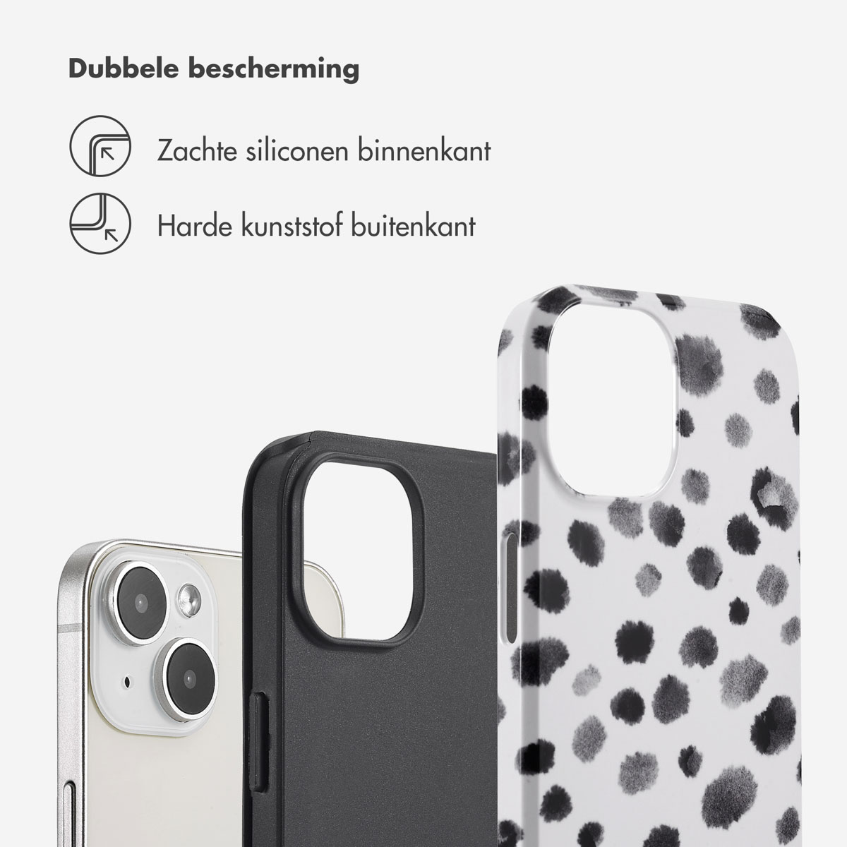 Coque de téléphone à pois noirs et blancs, téléphone et coque noire. Texte : Double protection.