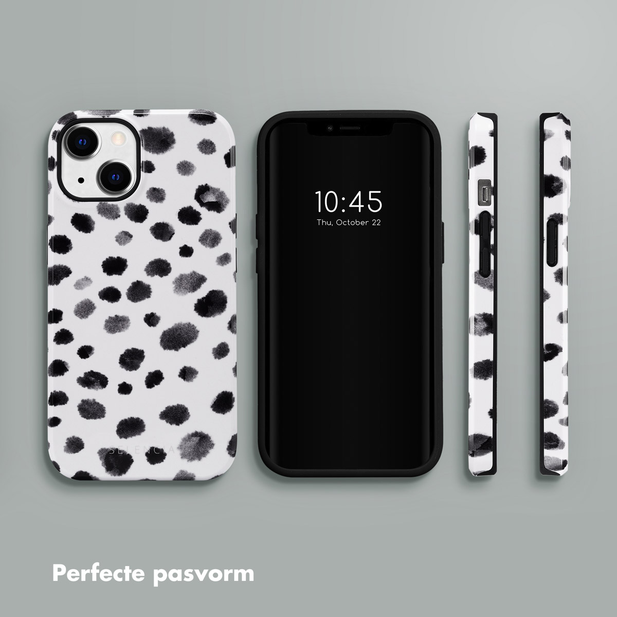 Téléphone avec coque imprimé dalmatien noir et blanc. L'heure est 10h45, 22 octobre. Trois coques sont montrées.