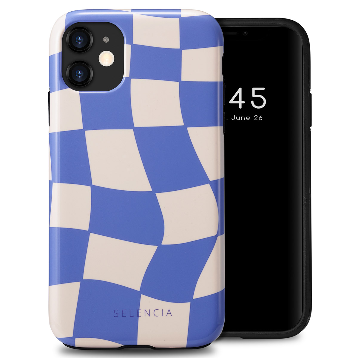 Een telefoon en een telefoonhoesje met een blauw en beige dambordpatroon.