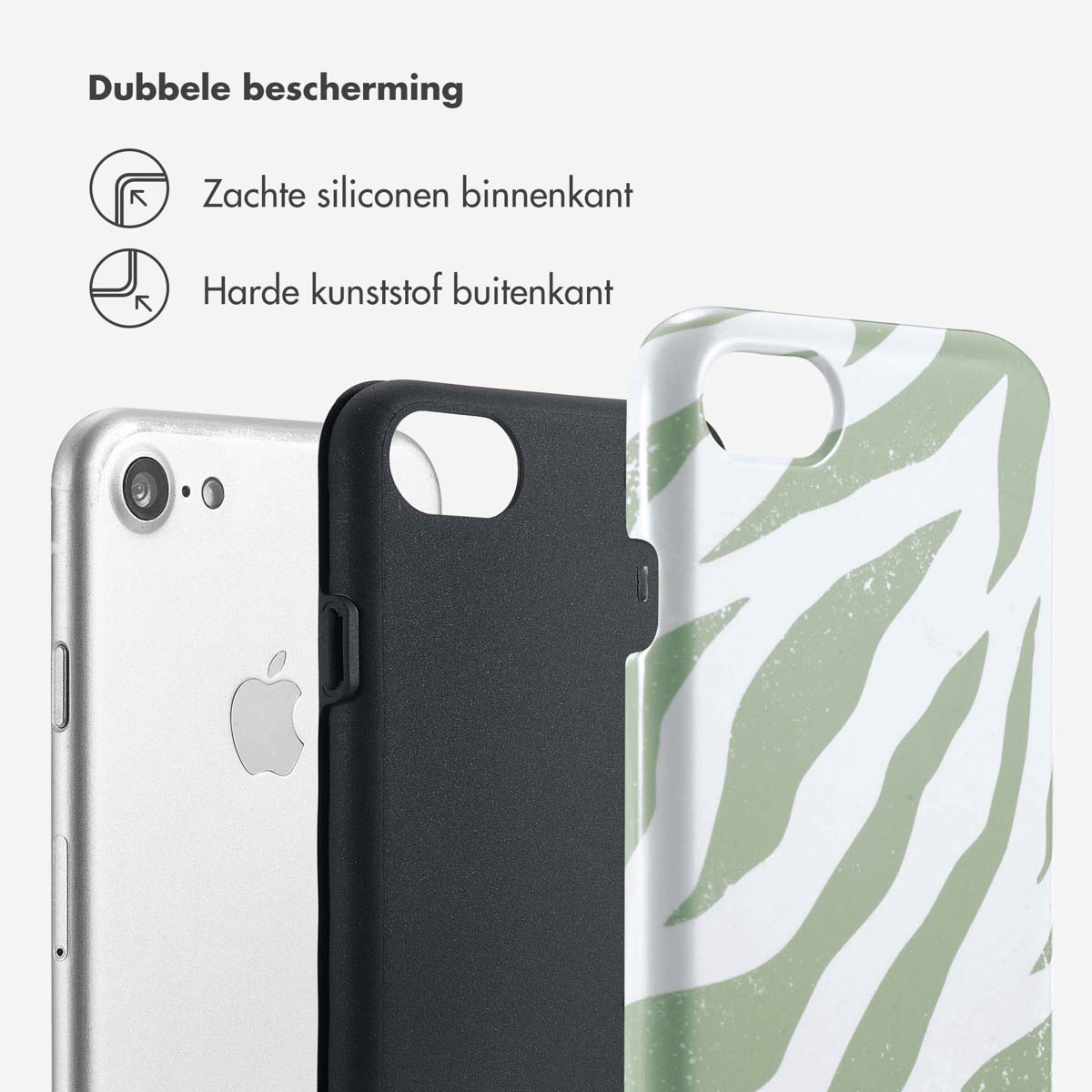 Twee telefoons en een telefoonhoesje. De hoes heeft een groen en wit zebrapatroon. De telefoon links is zilver.