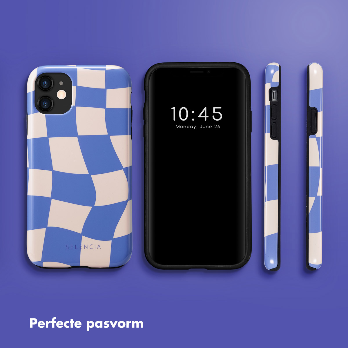 Telefoonhoesje met blauw en wit ruitpatroon, telefoon met tijd 10:45, twee profielen.
