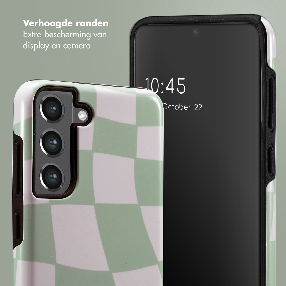 Telefono con custodia a scacchiera verde e rosa. Lo schermo del telefono mostra 10:45, 22 ottobre. Testo: Bordi rialzati.