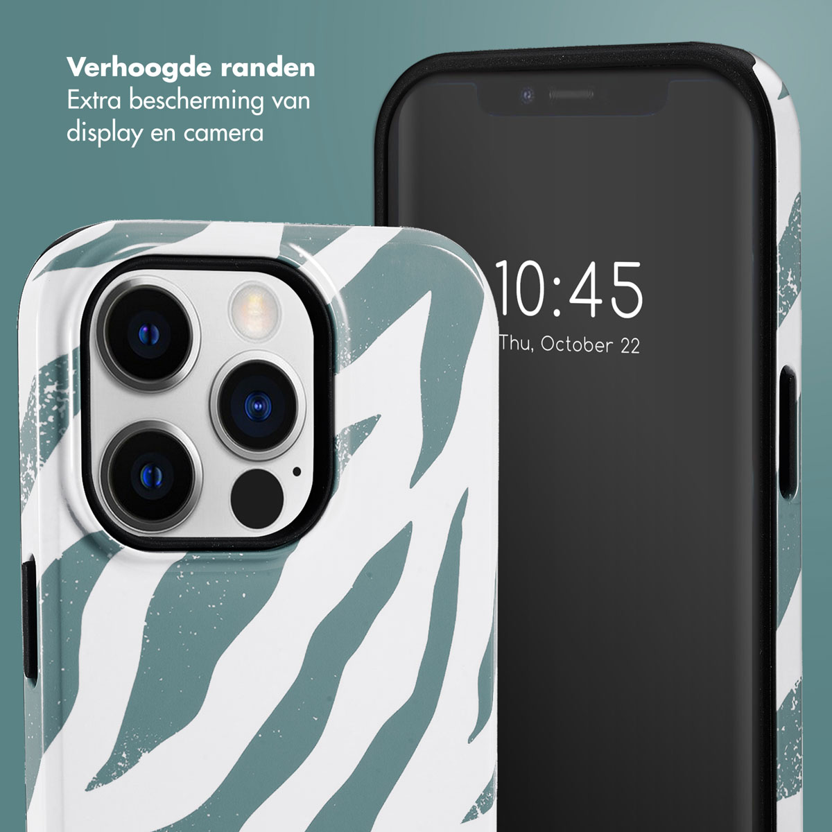 Une coque de téléphone à motif zébré turquoise et blanc à côté d'un téléphone à écran noir.
