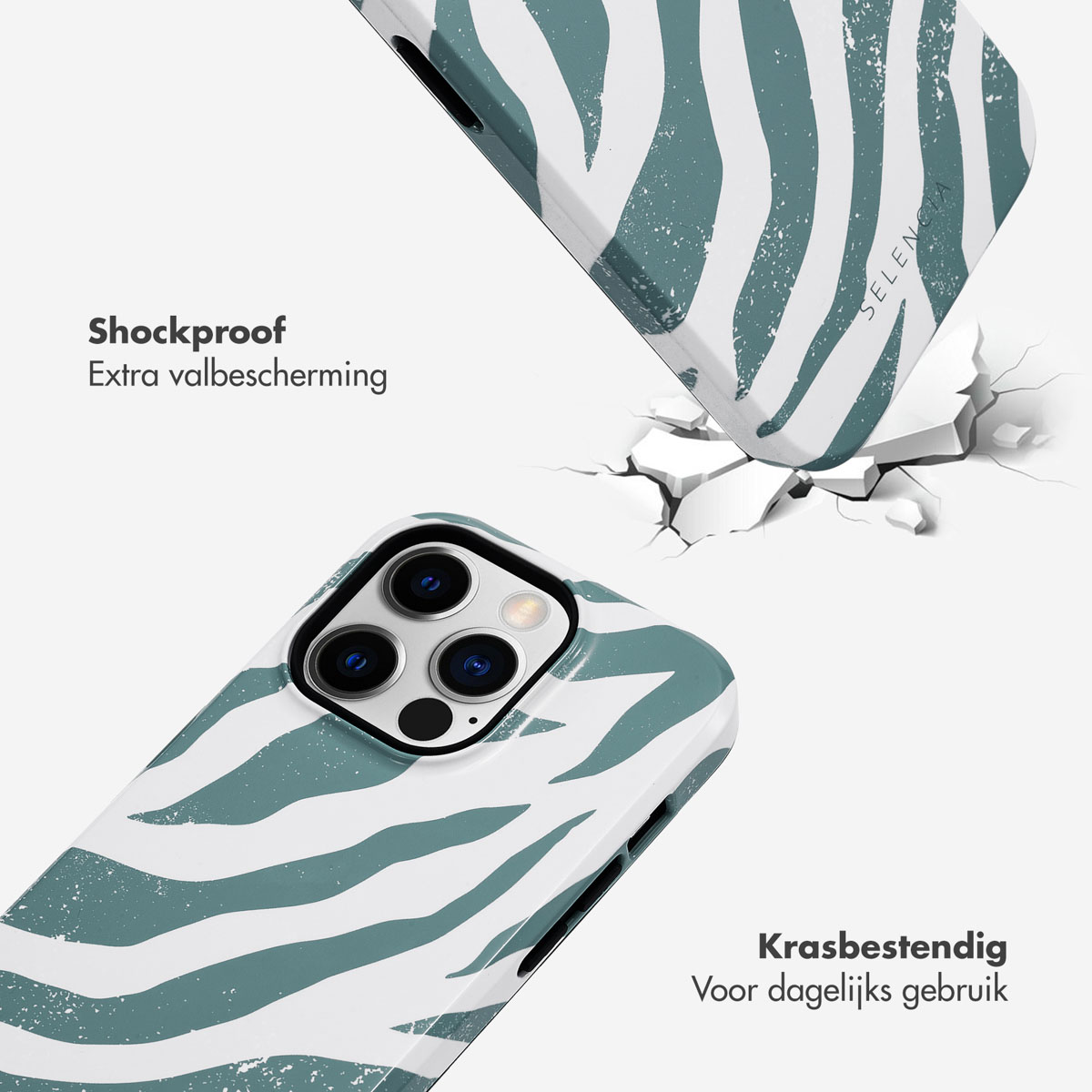 Coque de téléphone avec imprimé zèbre. Le téléphone casse la coque. Marque Selencia. Dit Krasbestendig.