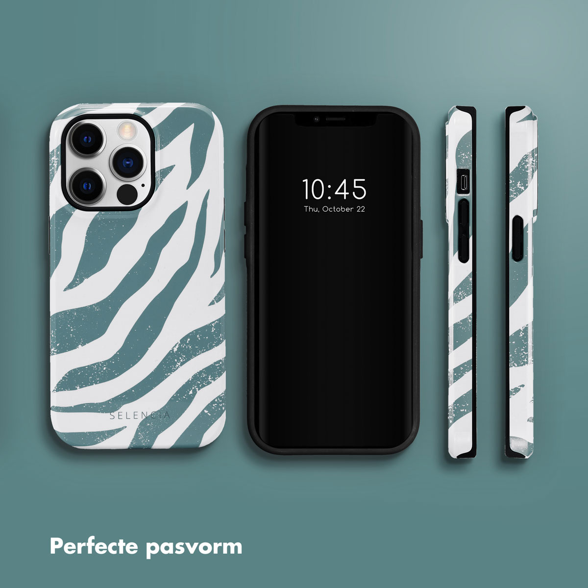 Trois téléphones et coques. Les coques ont un imprimé zébré turquoise et blanc.