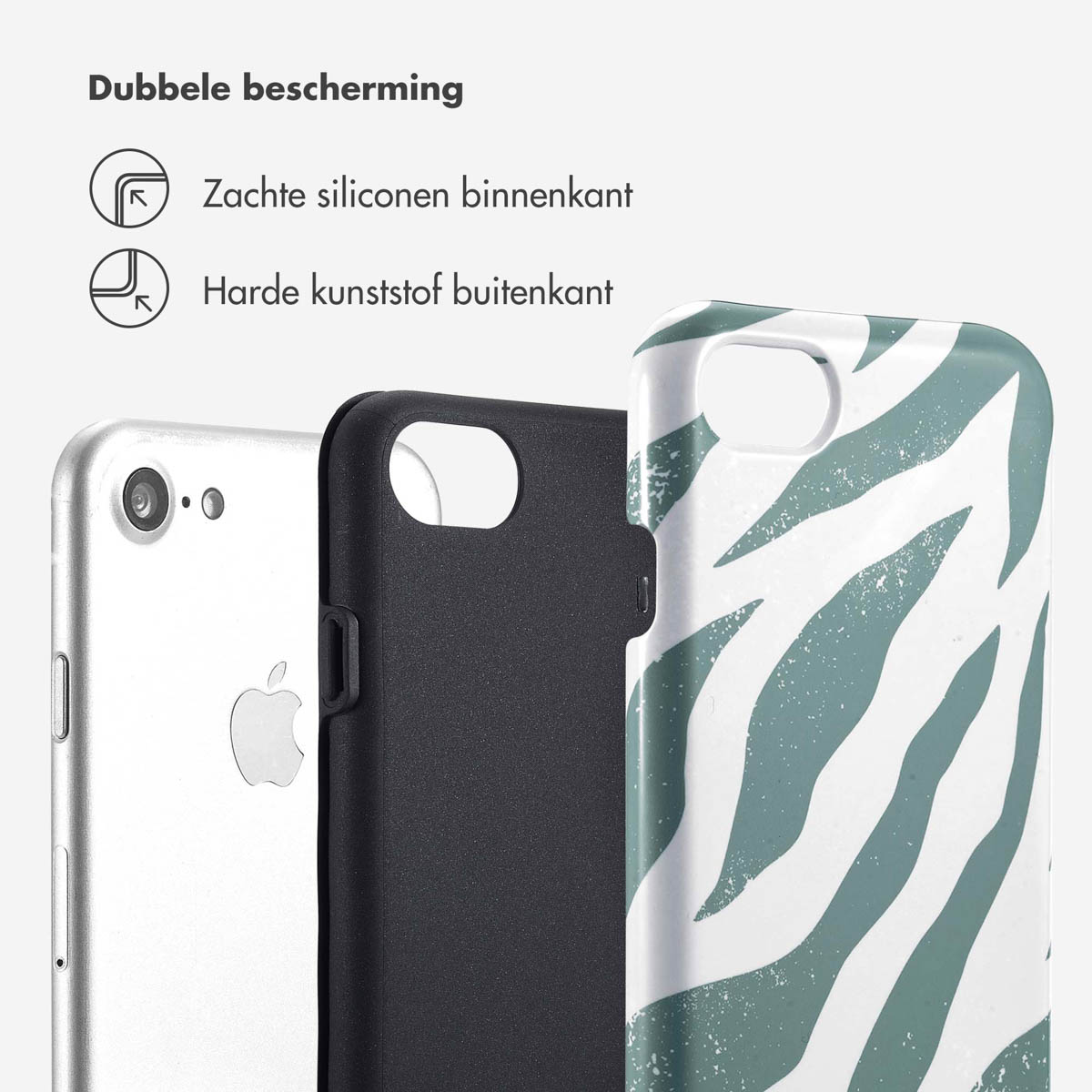 Twee telefoons en een telefoonhoesje. De hoes heeft een zebrapatroon. De telefoon links is zilver.