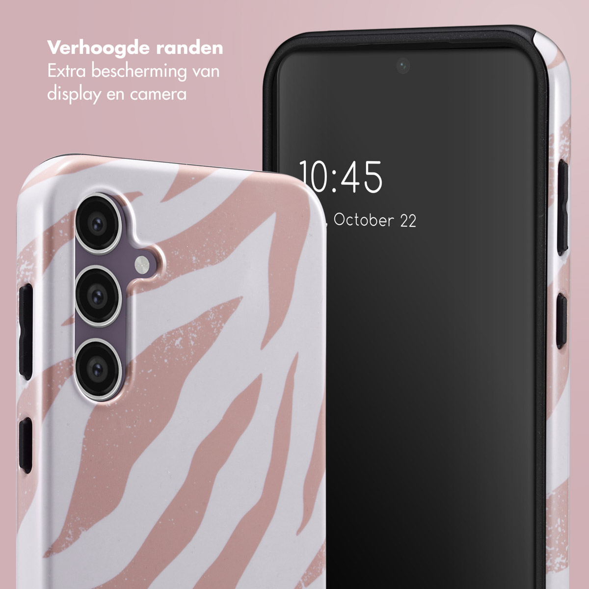Téléphone, coque à motif zébré blanc et rose et téléphone noir. Heure : 10h45. Date : Jeu. 22 octobre.