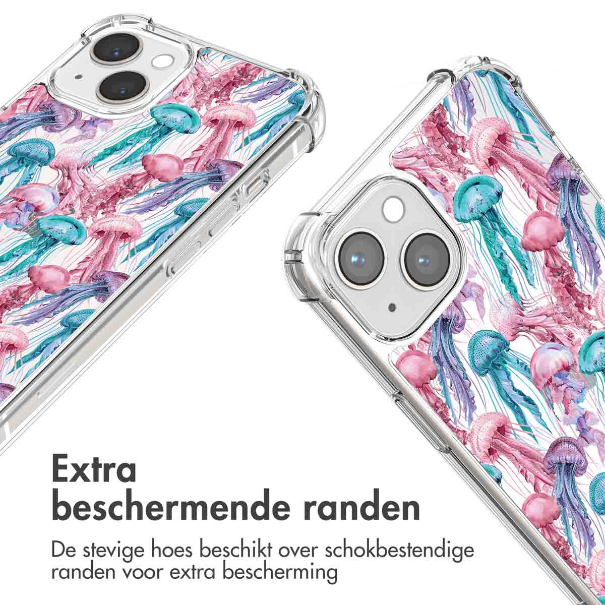 Telefoonhoesje met een design van kwallen. Kwallen zijn blauw en roze. Tekst: Extra beschermende randen.