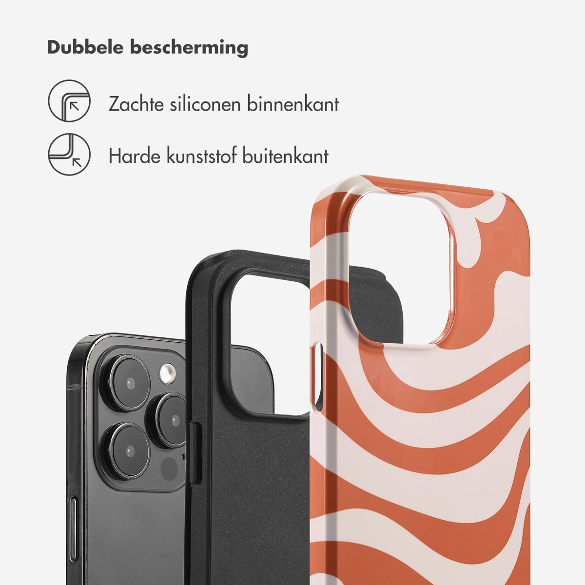 Twee telefoons met hoesjes, één zwart, één oranje-wit golf design, tegen een witte achtergrond.