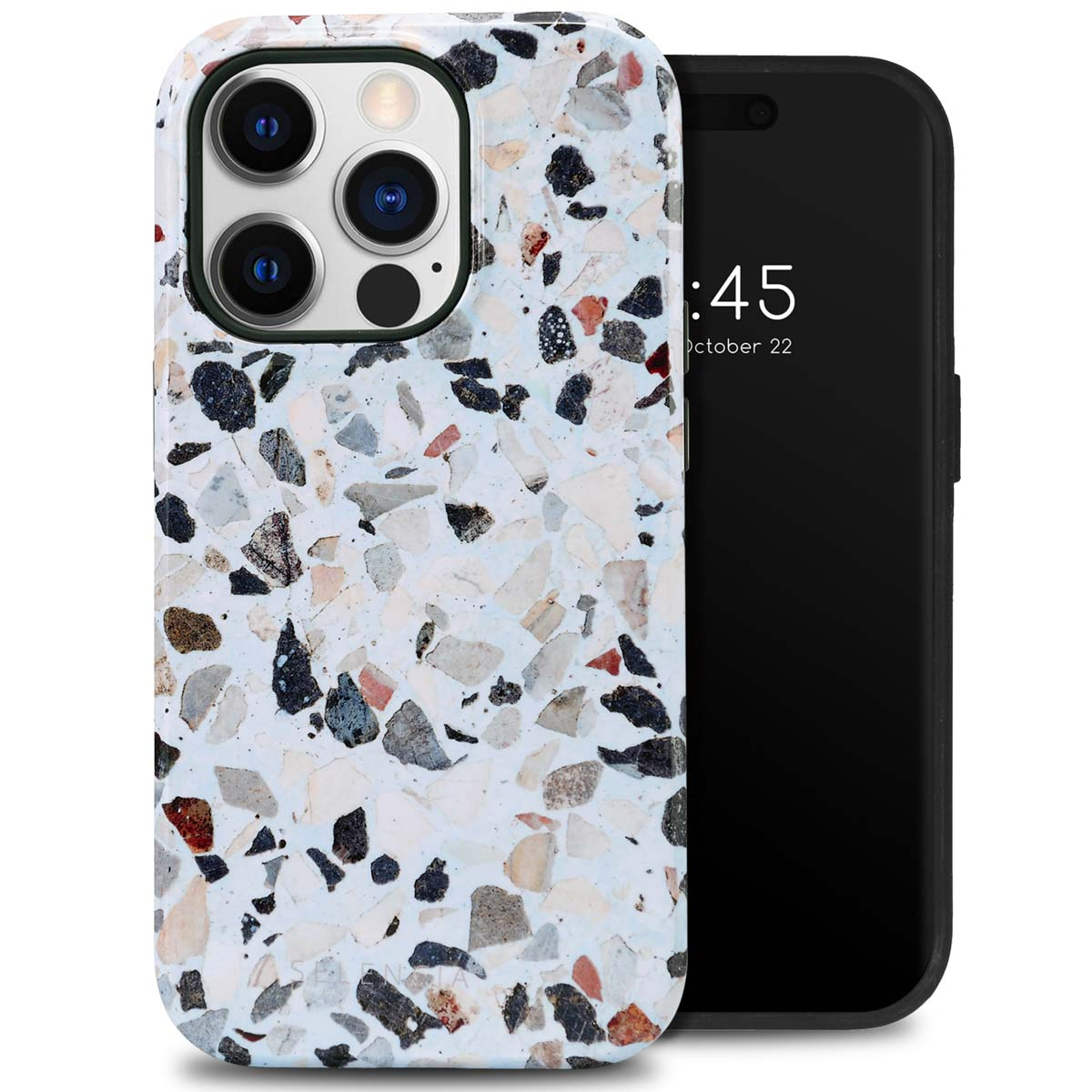 Téléphone dans un étui avec un motif moucheté blanc. Le téléphone affiche un écran noir. Texte : Ajustement parfait.