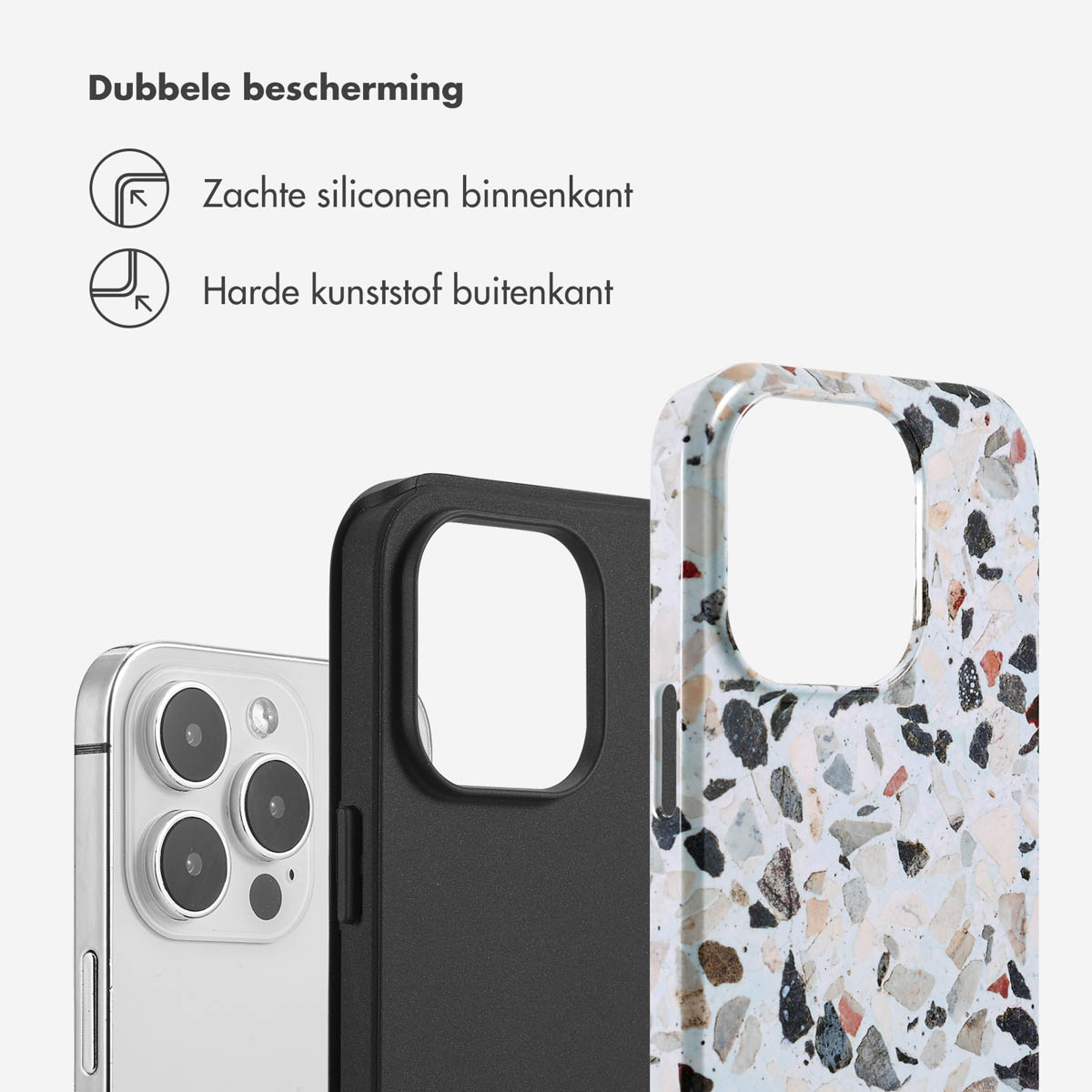 Coque de téléphone avec double protection. Comprend du silicone souple à l'intérieur et du plastique dur à l'extérieur. Design terrazzo.
