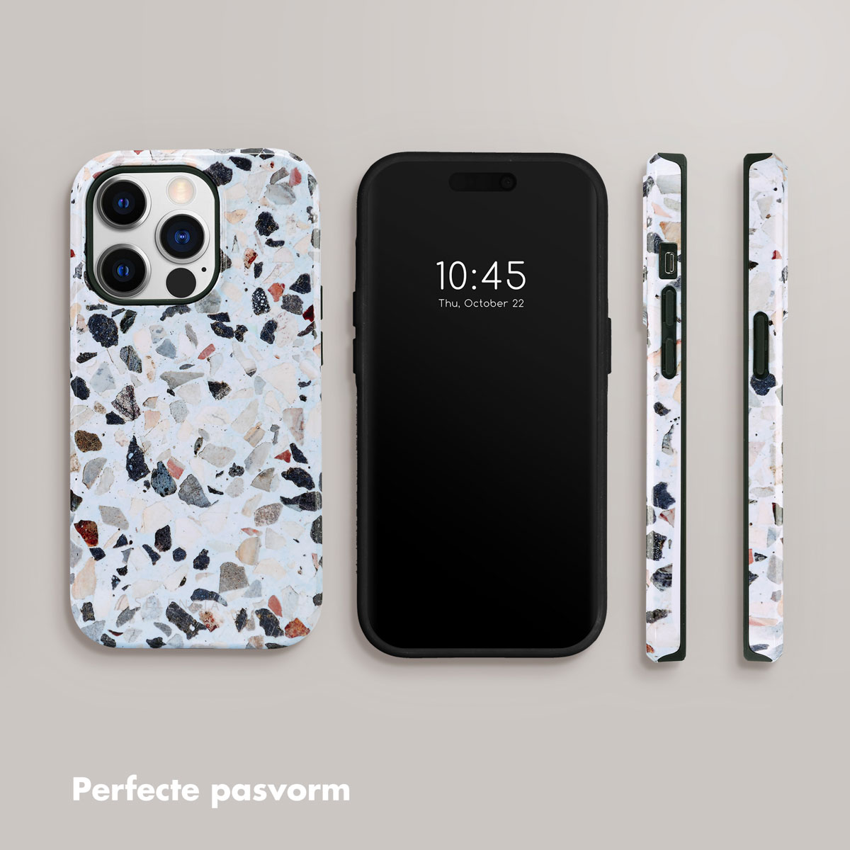 Coque de téléphone avec motif de pierre blanche, noire et orange. Le téléphone affiche l'heure et la date. Côtés visibles.